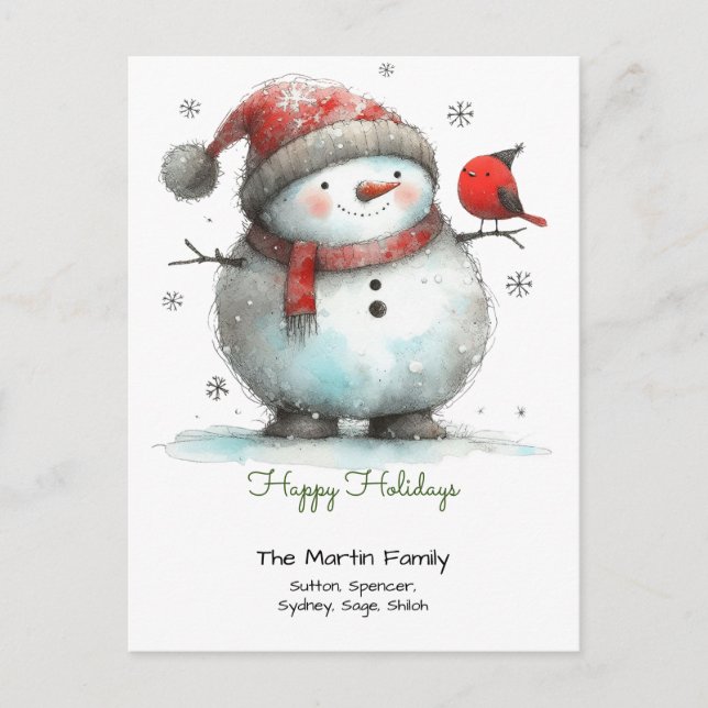 Whimsical Cute Snowman and Red Bird Happy Holidays Postcard (Front)