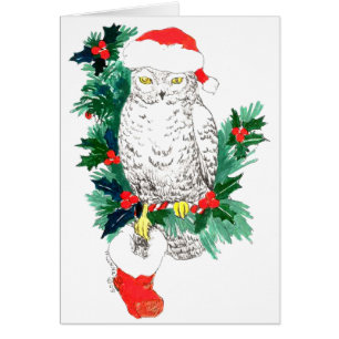 Whimsical Cute Snowy Owl Stocking Christmas Card