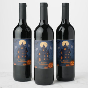 Whimsical Cute Spooky Haunted House   Halloween -  Wine Label