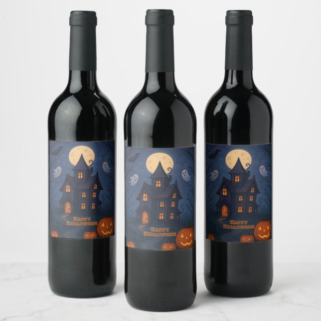 Whimsical Cute Spooky Haunted House | Halloween -  Wine Label (Bottles)