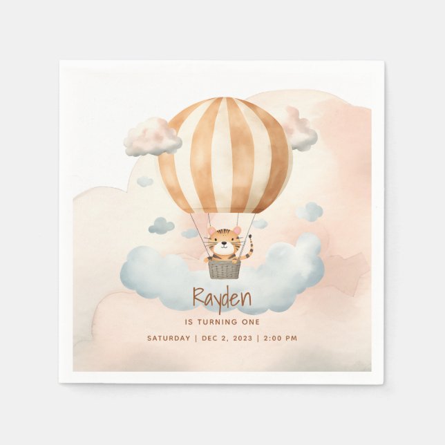 Whimsical Cute Tiger Hot Air balloon 1st Birthday  Napkin (Front)
