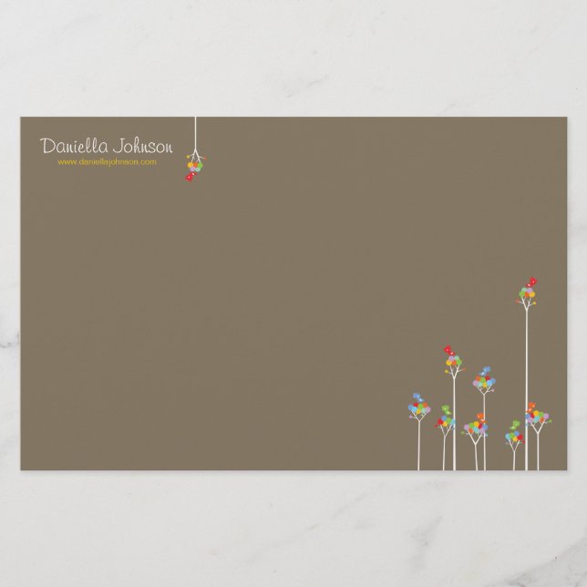 Whimsical Cute Tweet Birds Colourful Fun Tree Dots Stationery (Front)