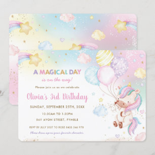 Whimsical Cute Unicorn Balloons Rainbow Birthday  Invitation