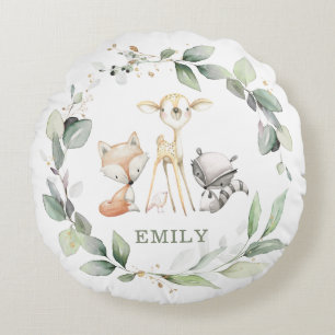 Whimsical Cute Woodland Animals Greenery Wreath Round Cushion