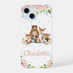 Whimsical Cute Woodland Animals Pink Blush Floral iPhone 15 Case