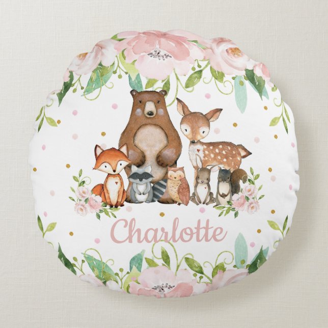 Whimsical Cute Woodland Animals Pink Blush Floral Round Cushion (Front)
