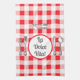 Whimsical Cutlery Dolce Vita Red Check  Tea Towel
