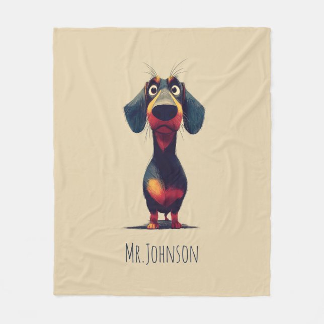  Whimsical Dachshund Character Illustration Fleece Blanket (Front)