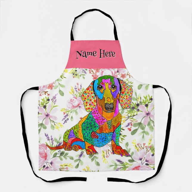 Whimsical Dachshund Dog Floral Apron (Front)