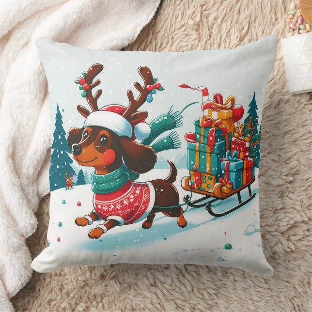 Whimsical Dachshund Reindeer Christmas - Xmas Cushion (Blanket)