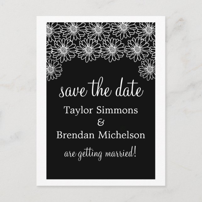 Whimsical Daisies Save the Date Postcard, Black Announcement Postcard (Front)