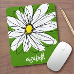 Whimsical Daisy - avocado green trendy script name Mouse Mat<br><div class="desc">A zen and whimsical drawing of a daisy. The modern lines are hand-drawn and include white petals and a yellow centre for the flower. The background is a vibrant green - and the name is a trendy script in white. You can add a name, monogram or other custom text. If...</div>