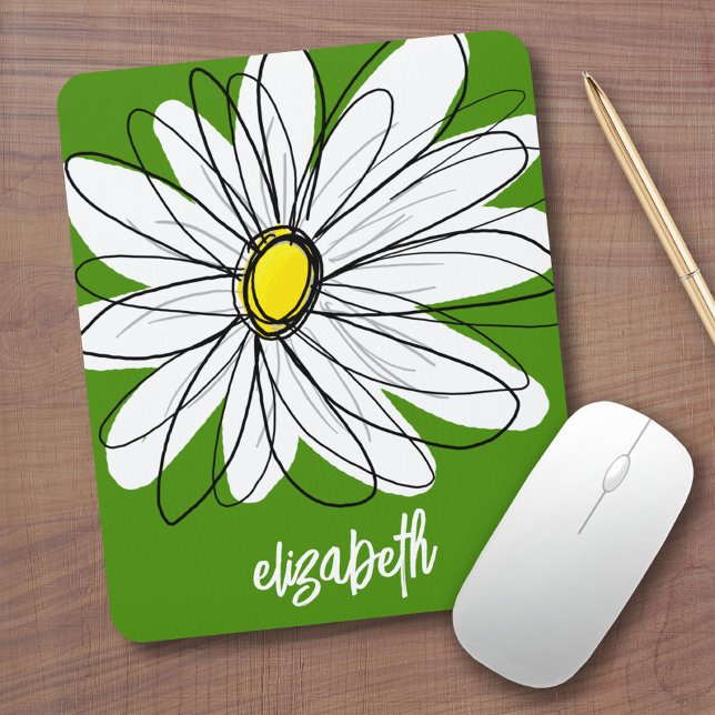 Whimsical Daisy - avocado green trendy script name Mouse Mat (Custom Mouse Pad - Add Name to this whimsical daisy design)