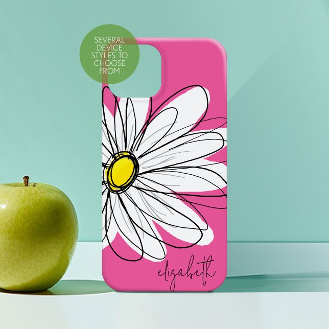 Whimsical Daisy Floral - pink yellow and name Case-Mate iPhone Case (Personalized Phone Case with Custom Text)