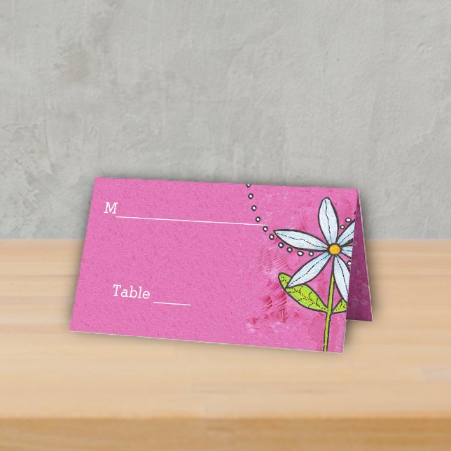 Whimsical Daisy Flower Leaves on Bright Pink Place Card (Bright white daisy flower with leaves on vibrant pink table or place card for events.)
