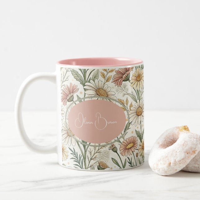 Whimsical Daisy Garden Aesthetic Custom Two-Tone Coffee Mug (With Donut)