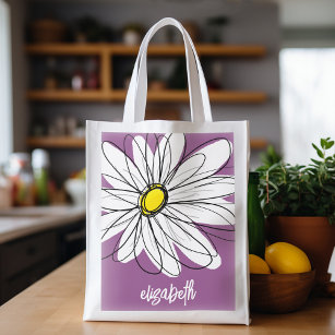 Whimsical Daisy - orchid - trendy script name Reusable Grocery Bag
