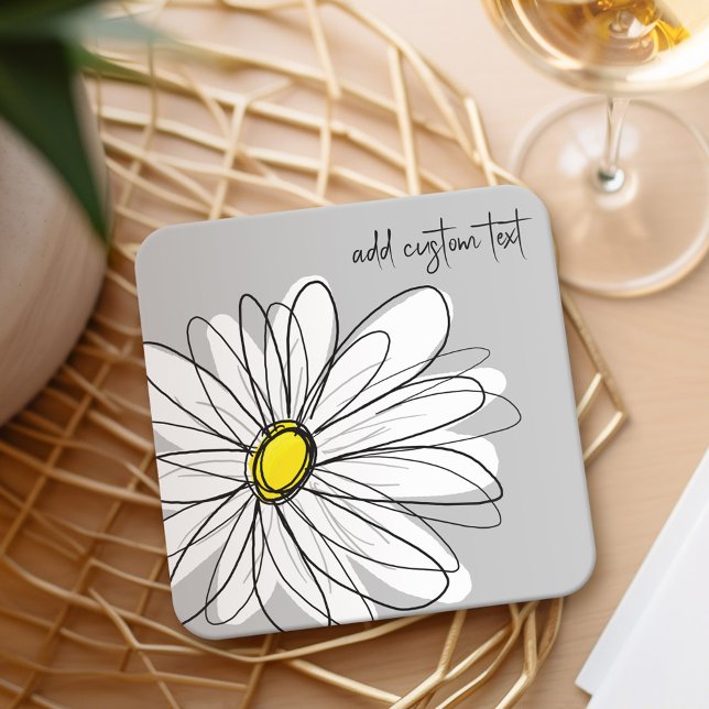 Whimsical Daisy - orchid - trendy script name Square Paper Coaster (Personalized Coaster with a whimsical daisy)