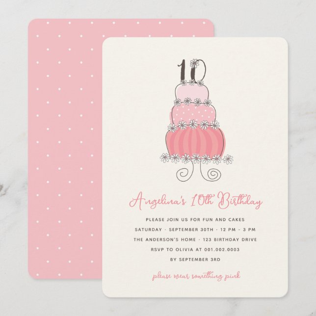 Whimsical Daisy Pink Cake Girl 10th Birthday Party Invitation (Front/Back)