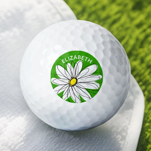 Whimsical Daisy with Name - Green and Yellow Golf Balls (Add Your Name to this Personalized Golf Ball)