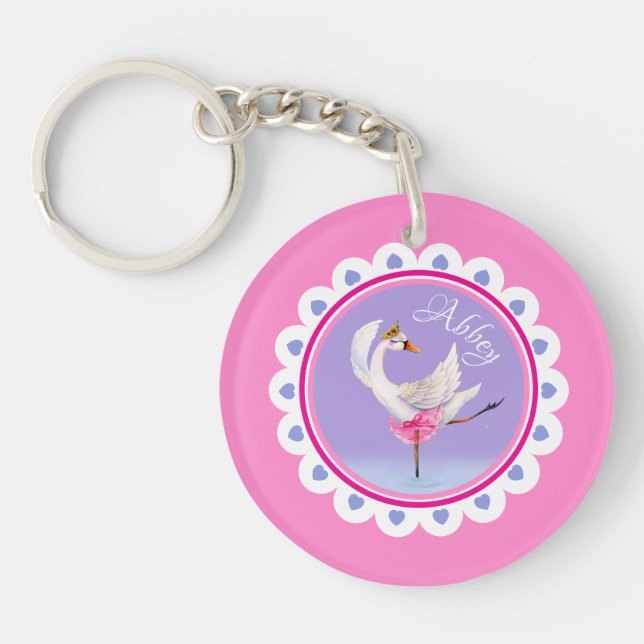 Whimsical dancing ballet swan purple personalised key ring (Front)