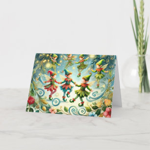 Whimsical Dancing Elves Holiday Card