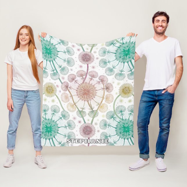 Whimsical Dandelion Breeze – Pastel Botanical Fleece Blanket (In Situ)