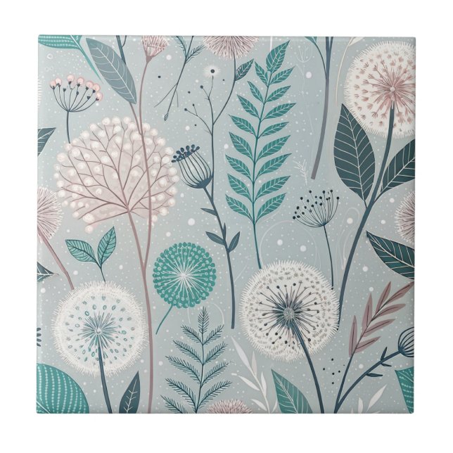 Whimsical Dandelion & Floral Folk Art Seamless (2) Tile (Front)