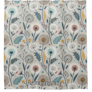 Whimsical Dandelion & Floral Folk Art Seamless Shower Curtain