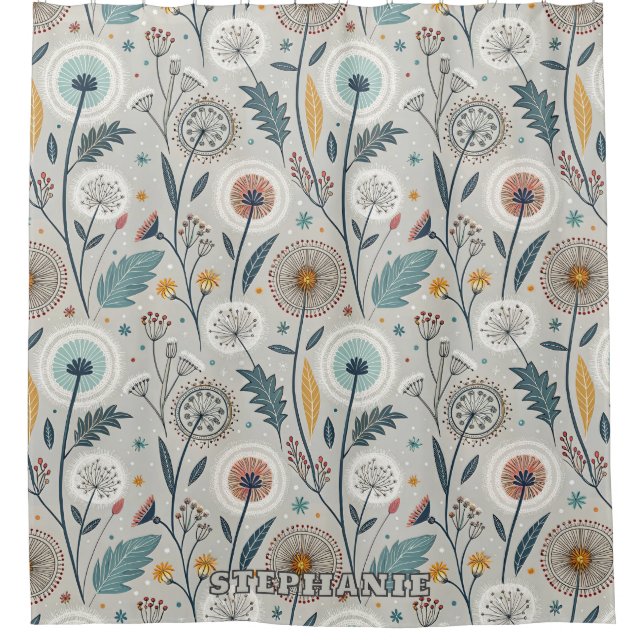 Whimsical Dandelion & Floral Folk Art Seamless Shower Curtain (Front)