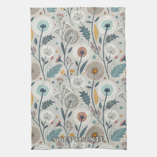 Whimsical Dandelion & Floral Folk Art Seamless Tea Towel