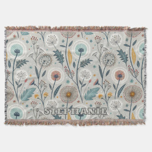 Whimsical Dandelion & Floral Folk Art Seamless Throw Blanket