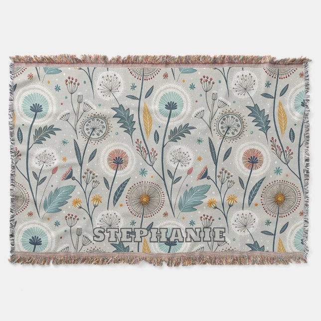 Whimsical Dandelion & Floral Folk Art Seamless Throw Blanket (Front)