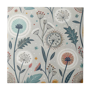 Whimsical Dandelion & Floral Folk Art Seamless Tile