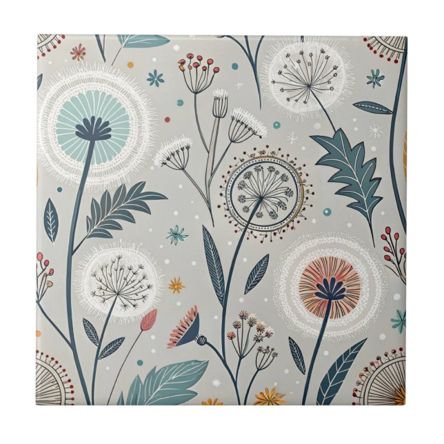 Whimsical Dandelion & Floral Folk Art Seamless Tile (Front)
