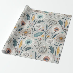 Whimsical Dandelion & Floral Folk Art Seamless Wrapping Paper