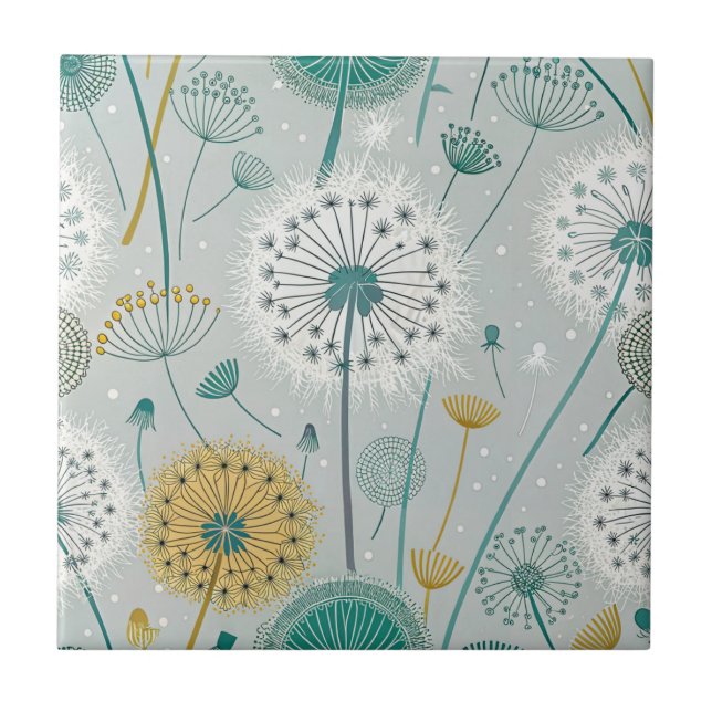 Whimsical Dandelion - Yellow, White & Teal Tile (Front)