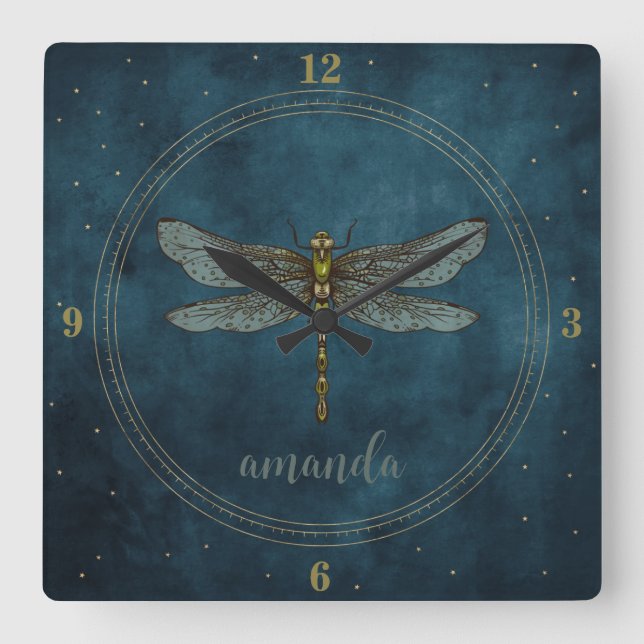 Whimsical Dark Blue Celestial Mystical Dragonfly  Square Wall Clock (Front)
