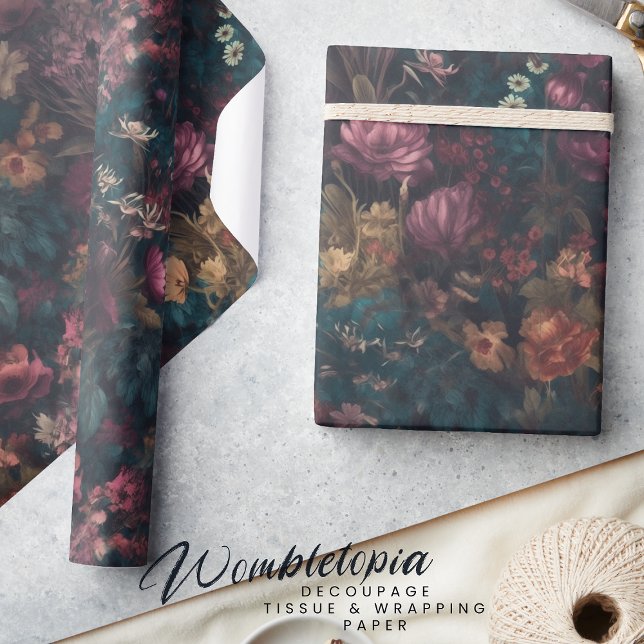 Whimsical Dark Moody Boho Floral Decoupage Wrapping Paper (Creator Uploaded)