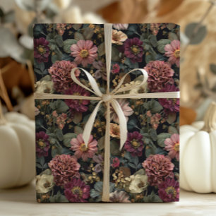 Whimsical Dark Moody Boho Floral Pink and Green Wrapping Paper