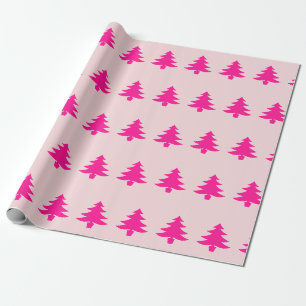 Whimsical Deep Pink Christmas Trees on Pale Pink Wrapping Paper