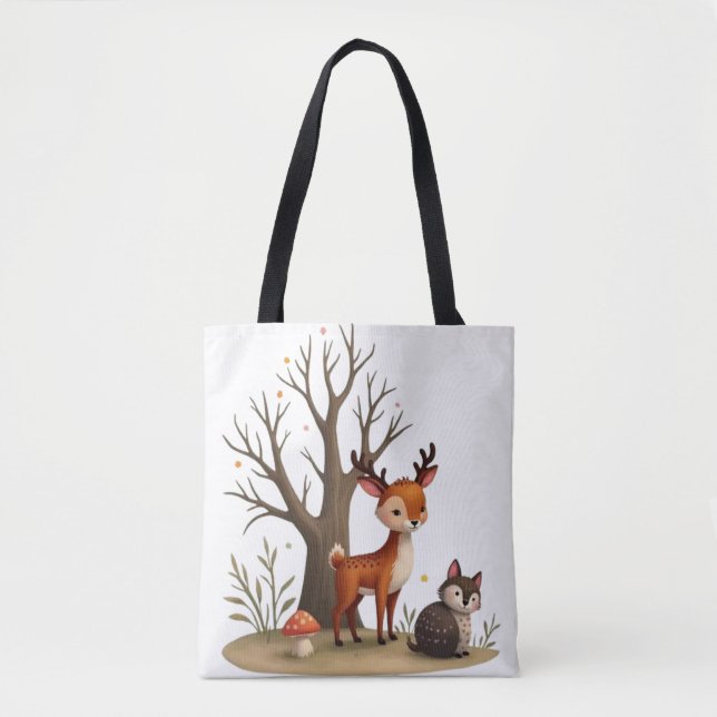 Whimsical Deer & Hedgehog Tote  (Front)
