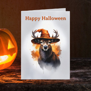 Whimsical Deer Orange Witch Hat Halloween Card