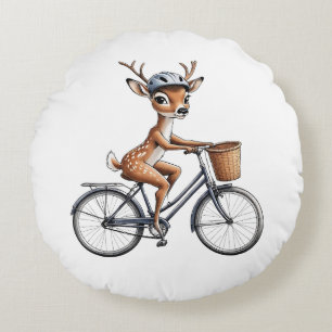 Whimsical Deer Riding a Bicycle – Hand-Drawn Round Cushion