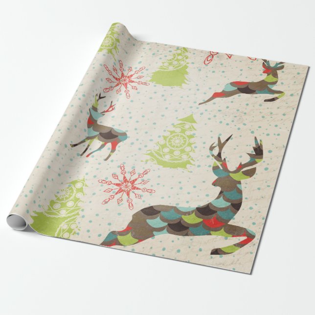 Whimsical Deer, Snowflakes, Trees Wrapping Paper (Unrolled)