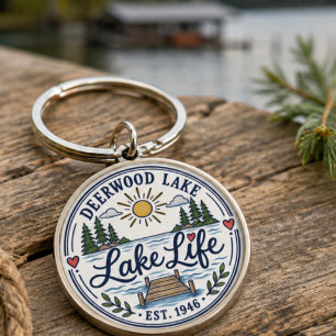 Whimsical Deerwood Lake Dock Pines Key Ring