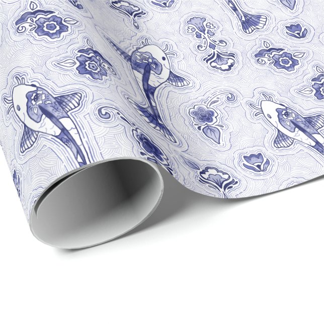 Whimsical Delft Blue Pottery Koi Wrapping Paper (Roll Corner)