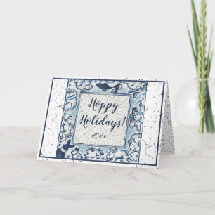 Whimsical Delft Bunny Rabbit Art Vintage Christmas Card