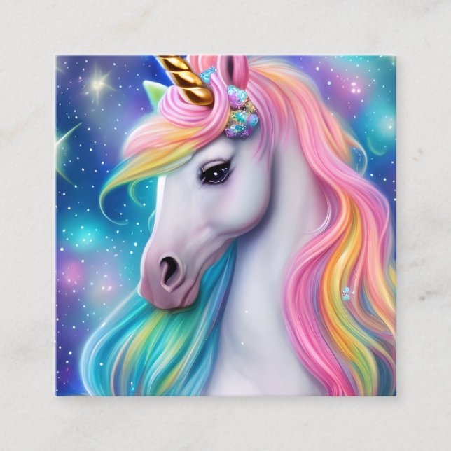 Whimsical Detailed Fantasy Cute Kawaii Unicorn Square Business Card (Front)