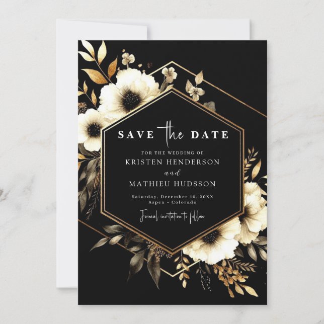 Whimsical Digital Gold and Black Wedding Save The Date (Front)
